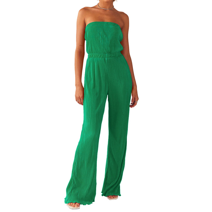 Color-Green-Women Sexy Comfortable Pleated Cloth Chest Wrapped Wide Leg Jumpsuit-Fancey Boutique