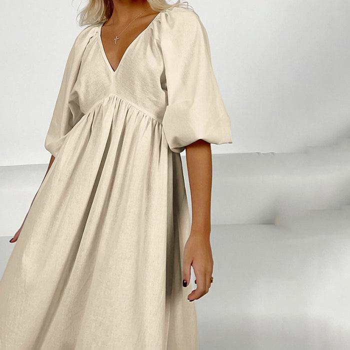 Early Autumn Cotton Solid Color Maxi Dress V neck Half Sleeve Hollow Out Cutout Backless Casual Dress-Fancey Boutique