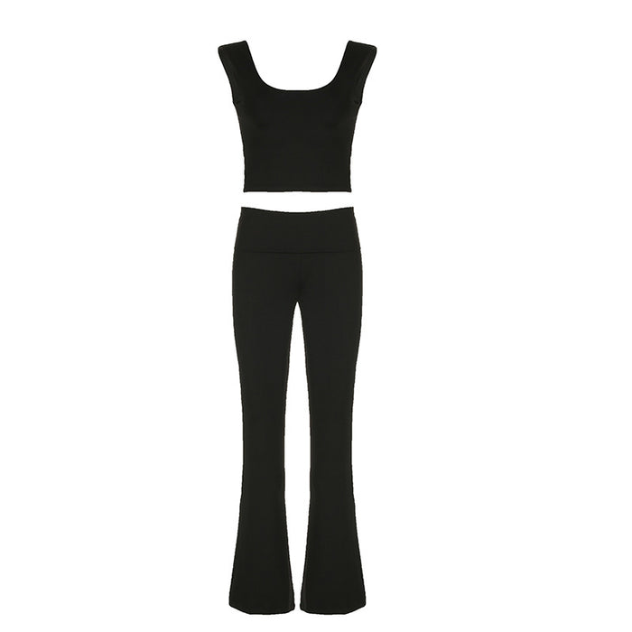 Color-Black-Women Clothing Solid Color Square Collar Vest Bootcut Pants Suit Yoga Fitness Sports Two Piece Summer-Fancey Boutique