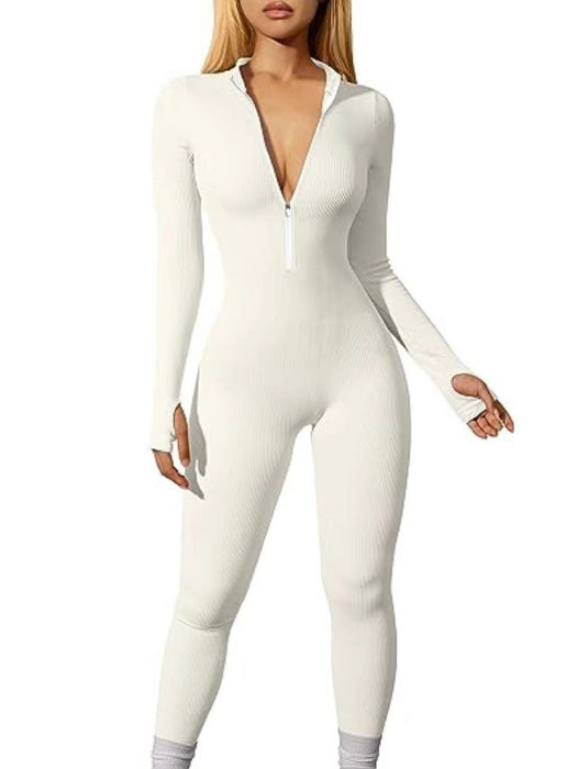 Color-Ivory-Women Sports Jumpsuit Workout Ribbed Long Sleeve Zipper Casual Jumpsuit Trousers Tight-Fancey Boutique