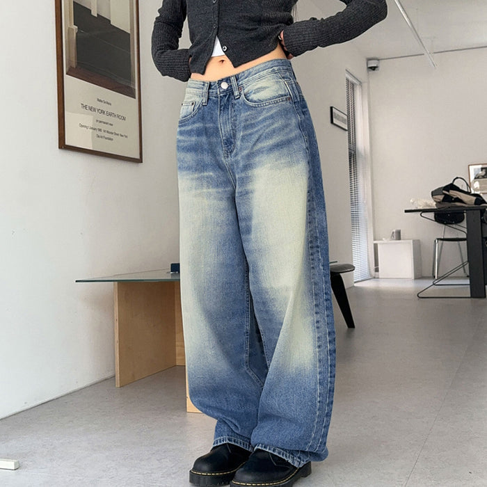 High Street Fashionable Trendy Wash Contrast Color Loose Wide Leg Sexy Low Waist Casual Denim Trousers Summer-Fancey Boutique