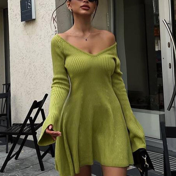 V Neck Long Sleeve Sexy Dress Short A Line Dress Strapless High Waist Autumn Winter Knitted Dress-Fancey Boutique