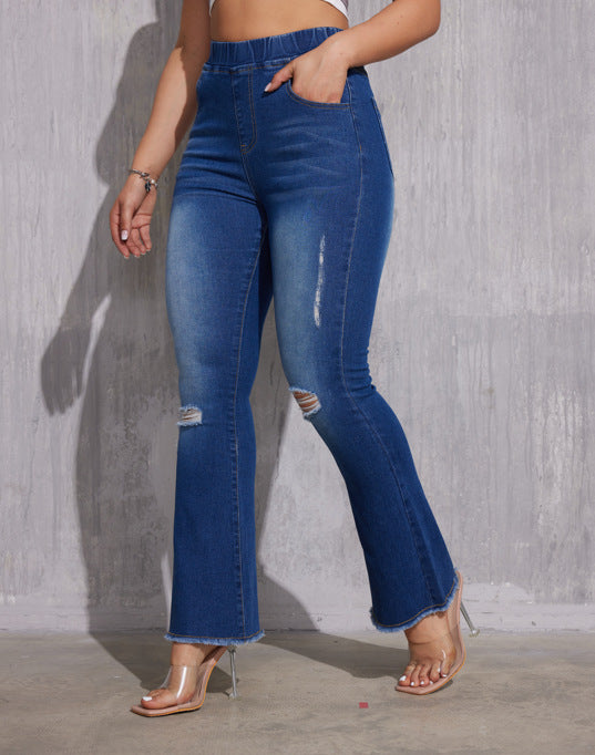 Ripped Slim Fit Wide Leg High Waist Elastic Waist Jeans for Women-Fancey Boutique