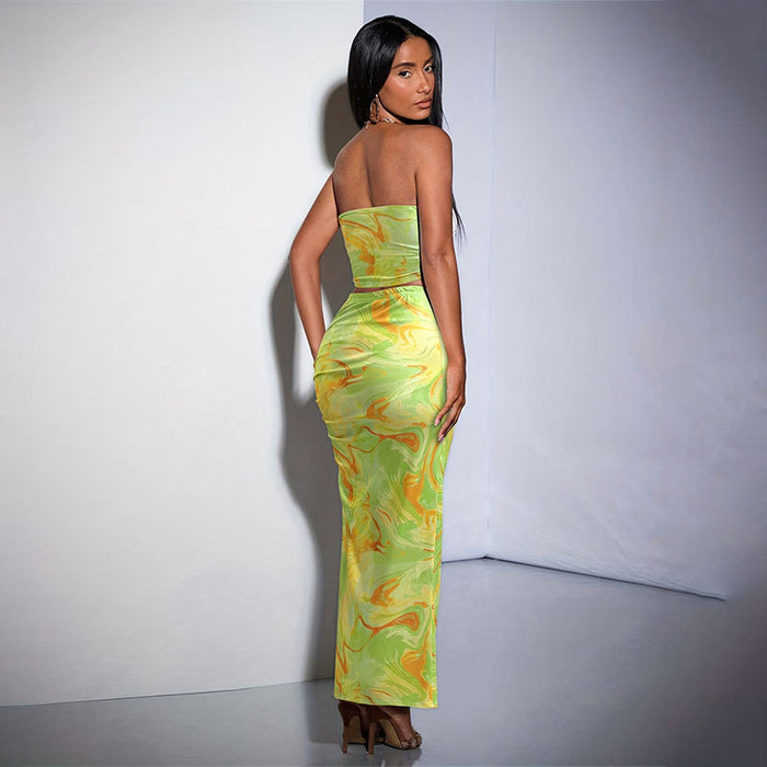 Tie Dye Bandeau Slim Fit Slit Sheath Slim Skirt Set Summer Two Piece Set High Sense Women Clothing-Fancey Boutique