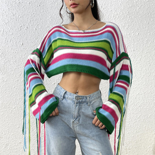 Color-Blue & Green Stripes Sweater-Women Rainbow Striped Fringed Sweater Sexy Ultra Short Cropped Loose Sweater-Fancey Boutique