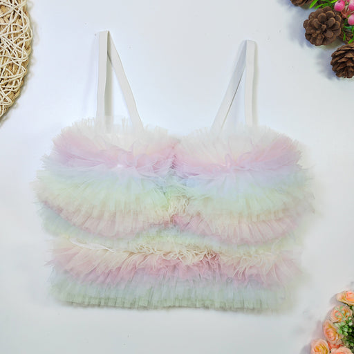 Color-Rainbow on White Background-Classic Ruffled Spaghetti Straps Vest Short Tight Boning Corset Corset with Chest Pad Waist Shaping Rainbow Lace Tube Top for Women-Fancey Boutique