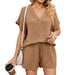 Color-Khaki-Spring Summer Solid Color V Neck Loose T Shirt Shorts Home Casual Suit-Fancey Boutique