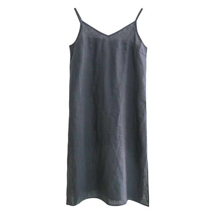 Color-The blue-gray-Pure Linen Slip Dress Simple Inner Wear Dress Niche Vacation Cotton Linen Home Nightdress Vest Dress-Fancey Boutique