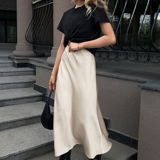 Autumn Imitation Acetate Satin A Swing High Waist Skirt Women Commuting Wear Long Skirt-Fancey Boutique