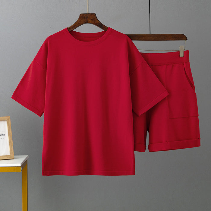 Color-Red-Solid Color round Neck Short Sleeve T Shirt Shorts Set Women Summer Loose Outer Wear Casual Ice Silk Two Piece Suit-Fancey Boutique