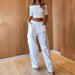 Color-White-Women Summer Casual off Shoulder Top Solid Color Two Piece Pants-Fancey Boutique