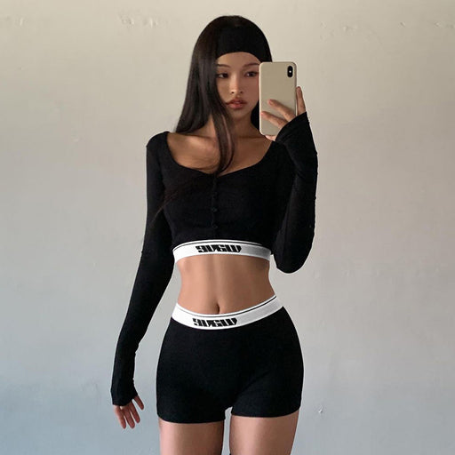 Color-Black-Women Clothing Sexy Tight Long Sleeves Cropped shirt Top High Waist Shorts Sports Two Piece Seit-Fancey Boutique