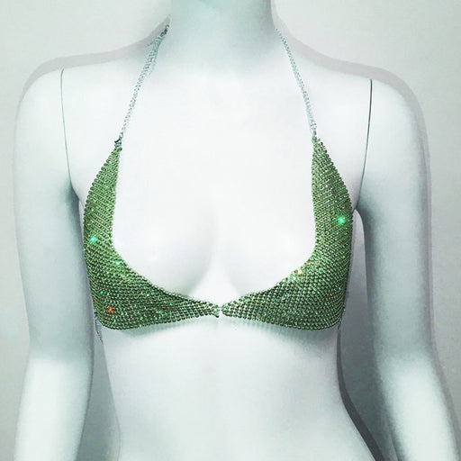 Color-Green-Women Clothing Body Cha Exaggerated Rhinestone Bikini Chest Necklace Sexy Nightclub Halter Spaghetti Straps Bra-Fancey Boutique