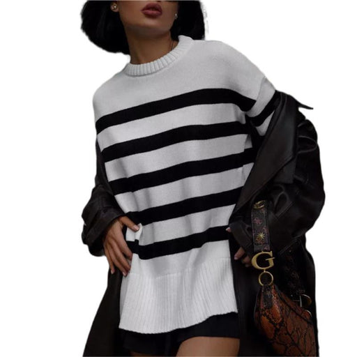 Women Clothing Spring Autumn Pullover Crew Neck Sweater Classic Contrast Color Striped Slit Hemline at Hem Top-White-Fancey Boutique