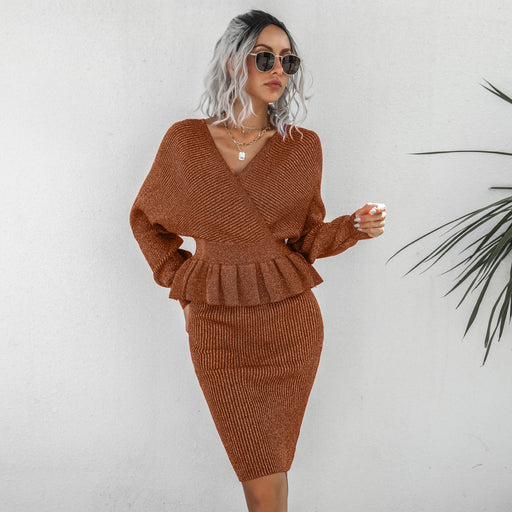 Color-Khaki-Women Clothing Autumn Winter Casual Ruffled Knitted Sweater Dress Two Piece Set-Fancey Boutique