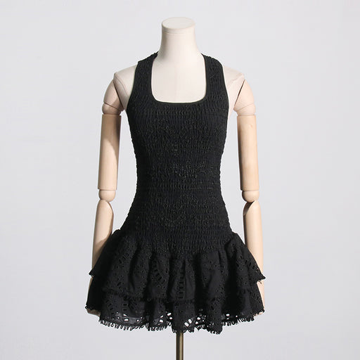 Sweet Sexy Spring Elastic Waist Pleated Design Ruffled Short Strap Dress-Black-Fancey Boutique