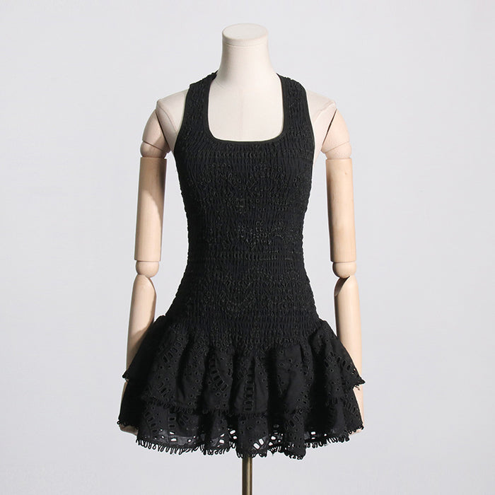 Sweet Sexy Spring Elastic Waist Pleated Design Ruffled Short Strap Dress-Black-Fancey Boutique