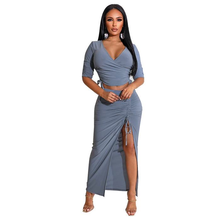 Color-Blue-Pleating V-neck T-shirt High Slit Drawstring Skirt Two-Piece Suit-Fancey Boutique