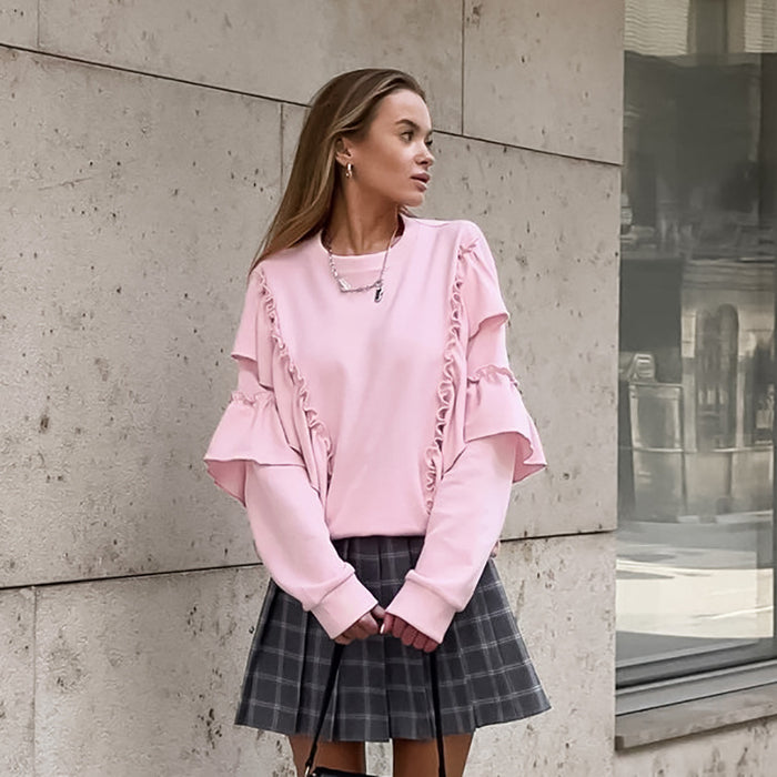 Fall Gentle Pink Elegant Knitted Ruffled Round Neck Drop-Shoulder Sleeve All Matching Loose Casual Sweater Women-Fancey Boutique