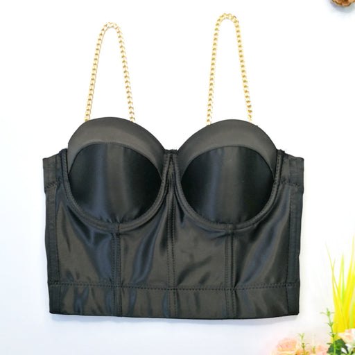 Acetate Satin Glossy Stretch Sling Basic Outer Wear Gold Necklace Shoulder Strap Shaping Corset Beauty Back Short Boning Corset Top-Black-Fancey Boutique
