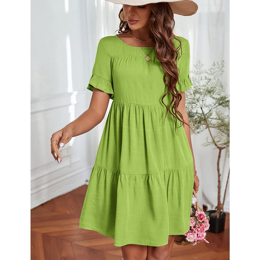 Color-Green-Summer Women Clothing Loose round Neck Collar Tree Fungus like Lacework Short Sleeve Dress Women-Fancey Boutique