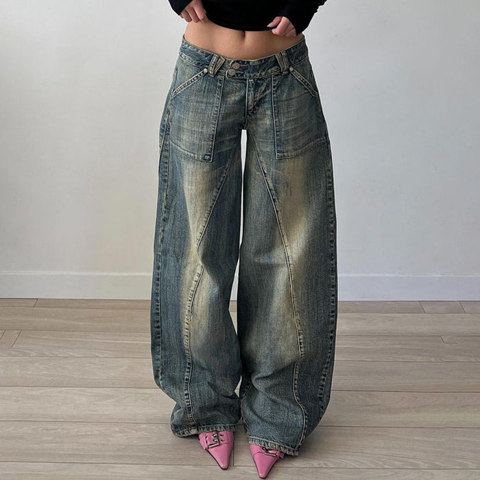 Retro Distressed Irregular Asymmetric Split Pocket Jeans Low Waist Sexy Loose Casual All Matching Wide Leg Pants-Fancey Boutique