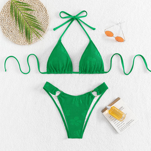 Color-Green-Swimwear Solid Color Bikini Lace up Sexy Bikini Lady Floral Fabric Split Swimsuit-Fancey Boutique