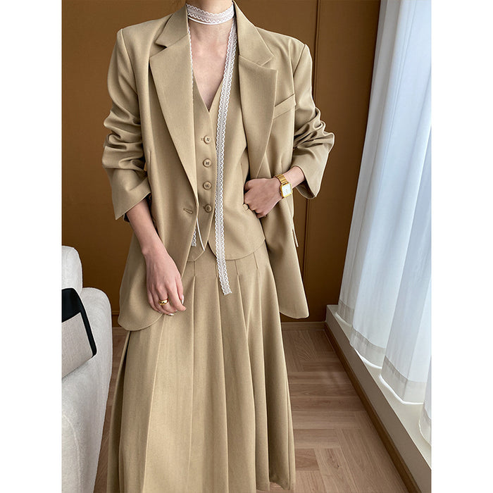 French High End Office Blazer Waistcoat Dress Three Piece Suit-Khaki Coat-Fancey Boutique
