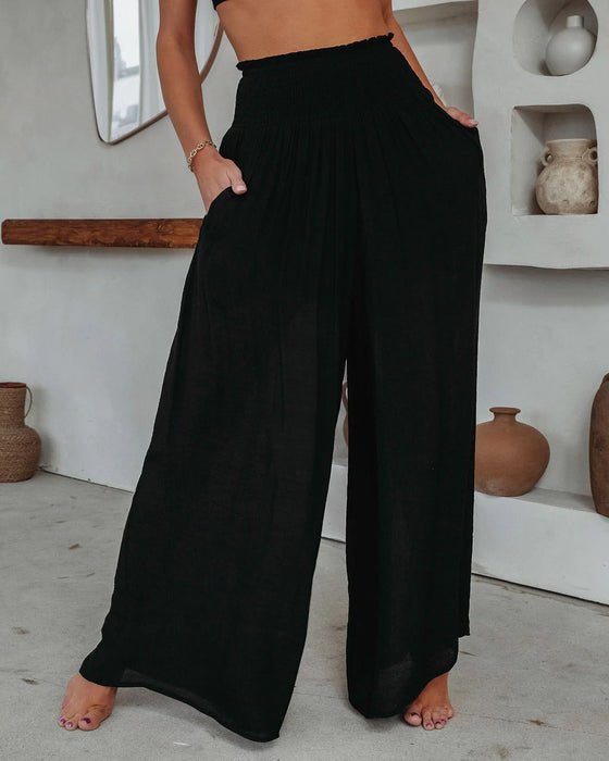 Color-Black-Spring Summer Cotton Wide Leg Pants Loose Elastic Pocket Casual Pants Trousers-Fancey Boutique