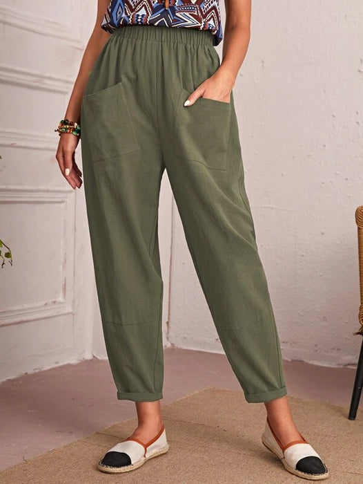 Color-Army Green-Four Seasons Cotton Linen Cropped Pants Elastic Waist Casual Pants Diagonal Pocket Skinny Pants Women-Fancey Boutique