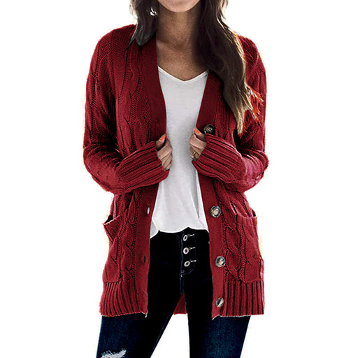 Color-Burgundy-Autumn Winter Casual V neck Single Breasted Long Sleeve Knitwear Coat Cardigan Sweater for Women-Fancey Boutique