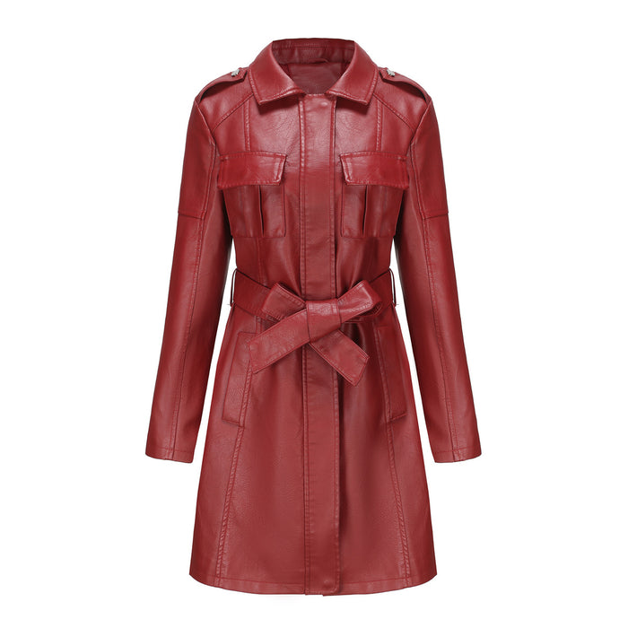 Color-Burgundy-Mid Length Leather Coat With Belt Spring Autumn Long Sleeve Leather Wind Coat British Coat Women-Fancey Boutique