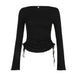 Color-Black-Comfort Casual Pure Black Long Sleeved T shirt Early Autumn Basic Lace up Drawstring Slim Fit Slimming Simple Top-Fancey Boutique