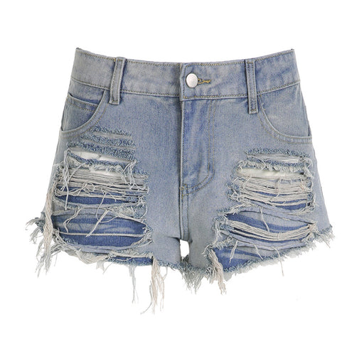 Color-Blue-Niche Design Trendy Unique Women Ripped Loose Burrs Casual Sexy Denim Shorts-Fancey Boutique