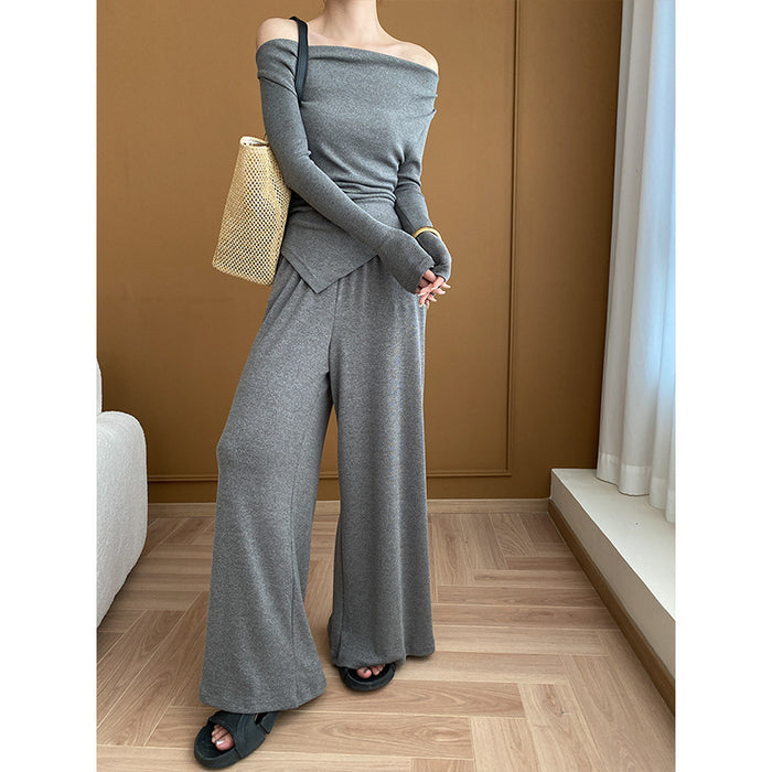 Color-Gray-Off Shoulder Knitted Top Wide Leg Pants Two Piece Suit Early Spring-Fancey Boutique