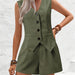 Women Clothing Elegant Office V neck Fastener Decoration Vest Shorts Short Two Piece Set Women-Army Green-Fancey Boutique