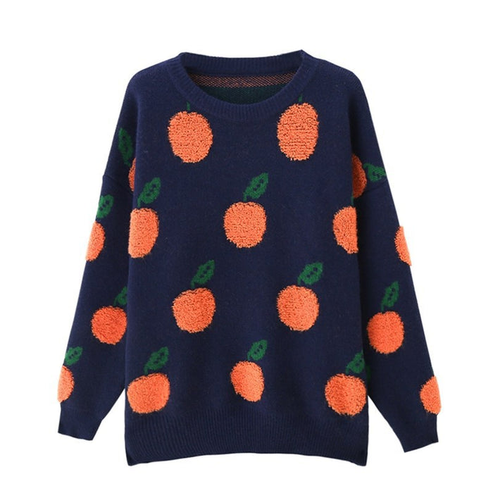 Color-Navy Blue-Autumn Winter Casual Loose Orange Pattern round Neck Long Sleeve Knitted Pullover Sweater Women-Fancey Boutique