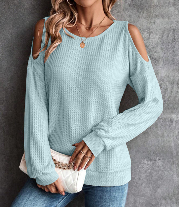 Color-Light Blue-Autumn Winter Off The Shoulder Button Loose Long Sleeved T Shirt Top Women-Fancey Boutique