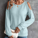Color-Light Blue-Autumn Winter Off The Shoulder Button Loose Long Sleeved T Shirt Top Women-Fancey Boutique