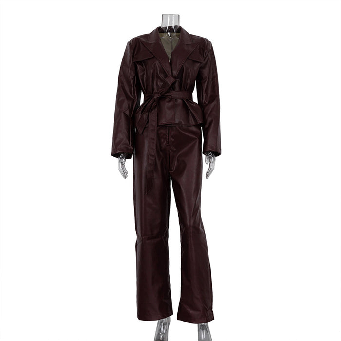 Spring Autumn Retro Green Fruit Collar with Belt Leather Coat High Waist Leather Pants Set for Women-Burgundy-Fancey Boutique