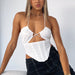 Color-White-Cutout Halterneck Vest Sexy Mesh Backless Pleated Sleeveless Boning Corset Bra Top-Fancey Boutique
