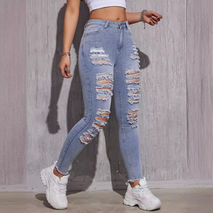 Women Clothes Stretch Ripped Ankle Tied Jeans High Waist Raw Hem-Fancey Boutique