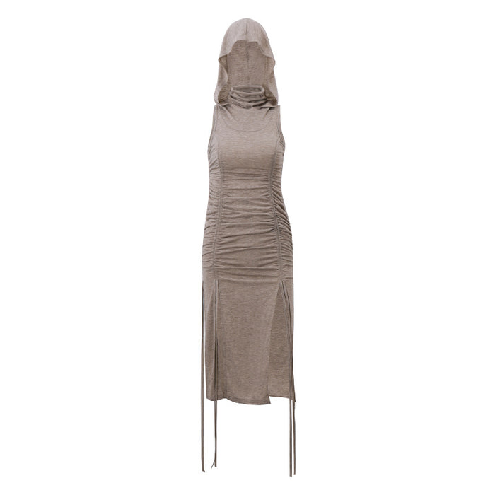 Summer Women Clothing Turtleneck Hooded Pleated Drawstring Tight Waist Sexy Cutout Slit Dress-Grey Dress-Fancey Boutique