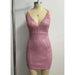 Sexy Sequin Dress Deep V Plunge neck Bandage Sexy Party Ball Strap Dress-Pink-Fancey Boutique