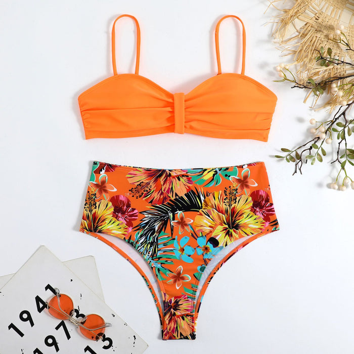 Color-Orange-Swimsuit Women Split Bikini Retro Sexy Solid Color Printing Bikini Wear-Fancey Boutique
