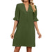 Color-Army Green-Summer Solid Color V neck Loose Pleated Half Length Sleeve Dress Women-Fancey Boutique