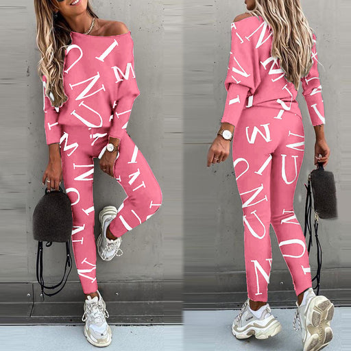 Color-Pink-Autumn Women Clothing Letter Graphic Printed Long Sleeved Trousers Casual Set-Fancey Boutique