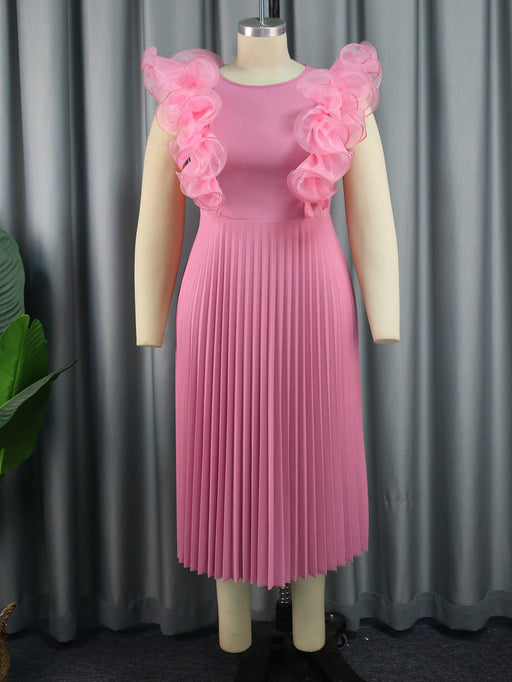 Color-Pink-Early Autumn Mesh Stitching Dress Sleeveless Pleated High Waisted Dresses-Fancey Boutique