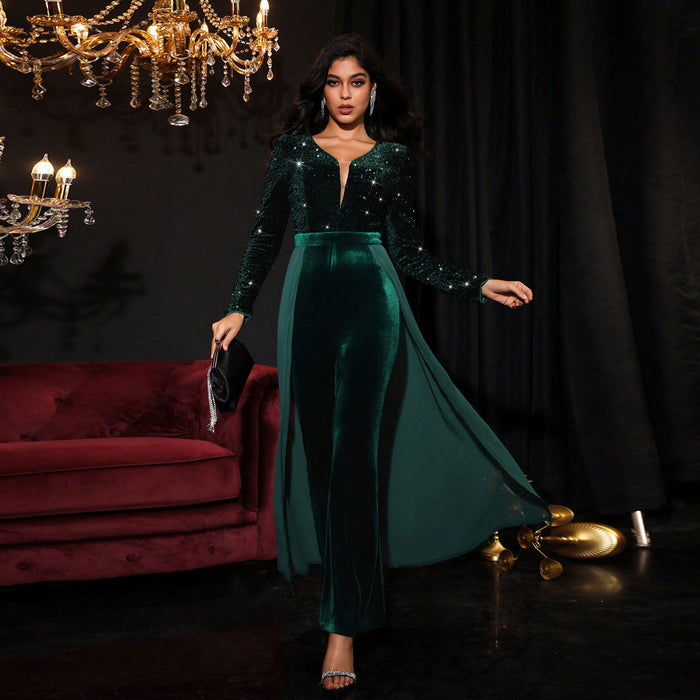 Color-blackish green-Middle East Long Sleeve Sequined V neck High Waist Tight High Elastic Straight Leg Pants Trousers Jumpsuit-Fancey Boutique