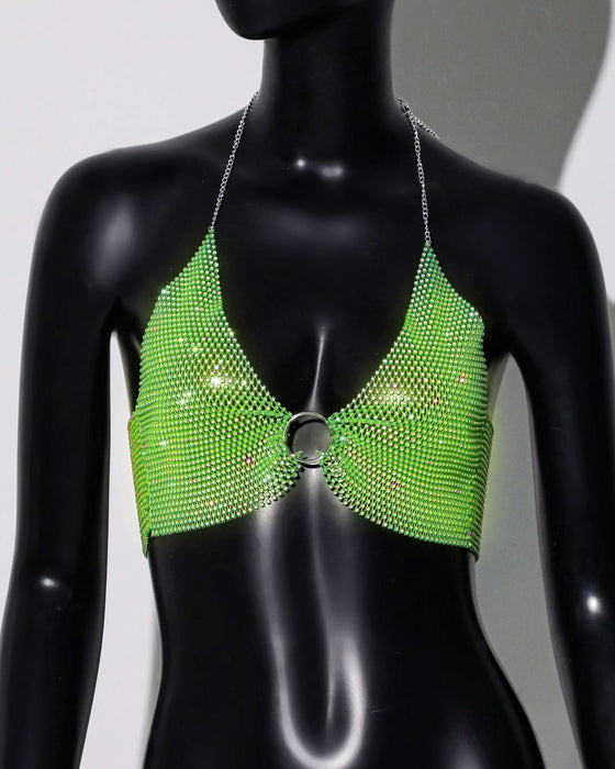 Women Clothing Sweet Spicy Top Wall Mounted Sling Fishnet Rhinestone Camisole Summer Dopamine Sling-fluorescent green-Fancey Boutique